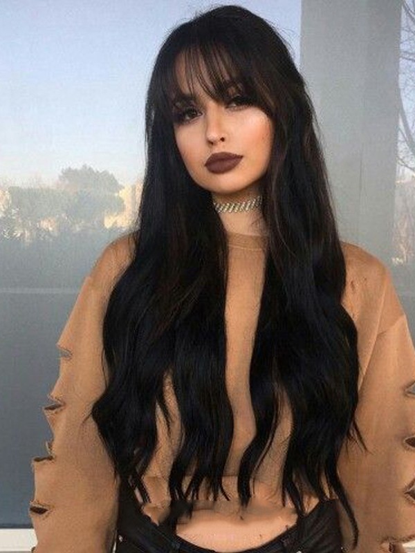Natural Women S Black Long Hair Lace Front Wigs With Bangs